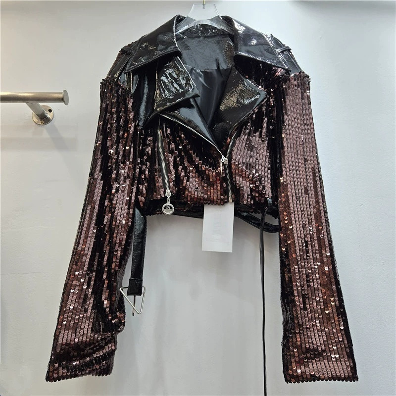 Leather Work Jacket Women'S - Giacca Corta da Donna con Paillettes